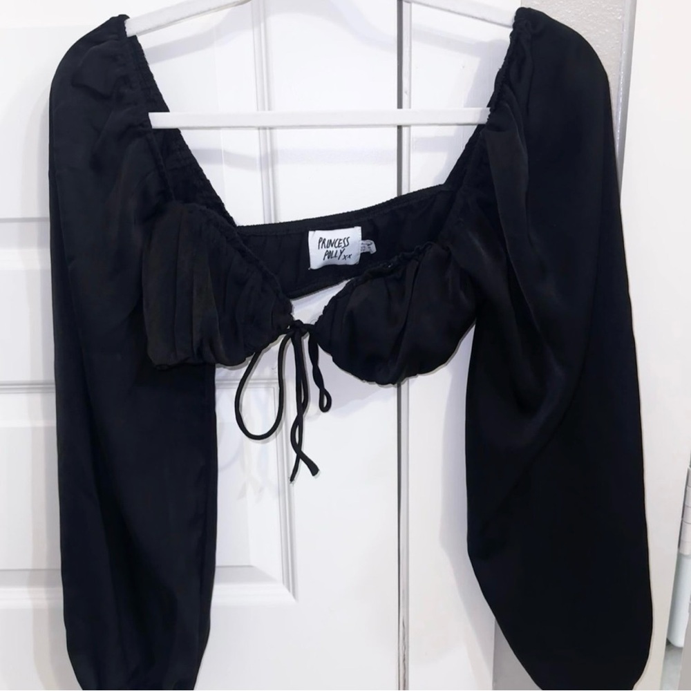Princess Polly Black Tie Front Bustier Crop Top Balloon Sleeve 4